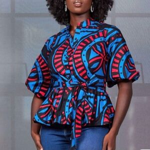 Vibrant African Print Women's Blouse with Geometric Patterns